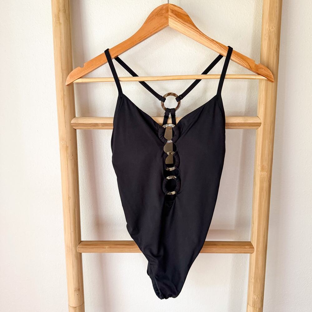 Seafolly Black Ring Detail Cutout One Piece Swimsuit Maillot Size 4 US - Picture 2 of 6